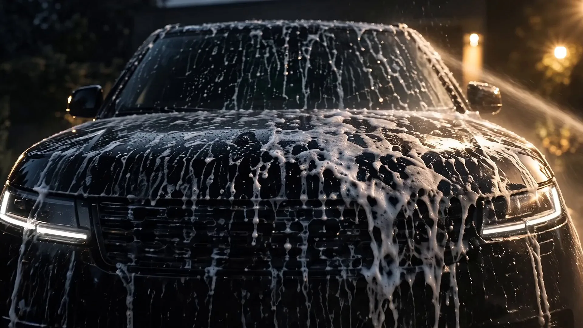 Foam cannon pre-wash and decontamination on a dark sedan during a mobile detail