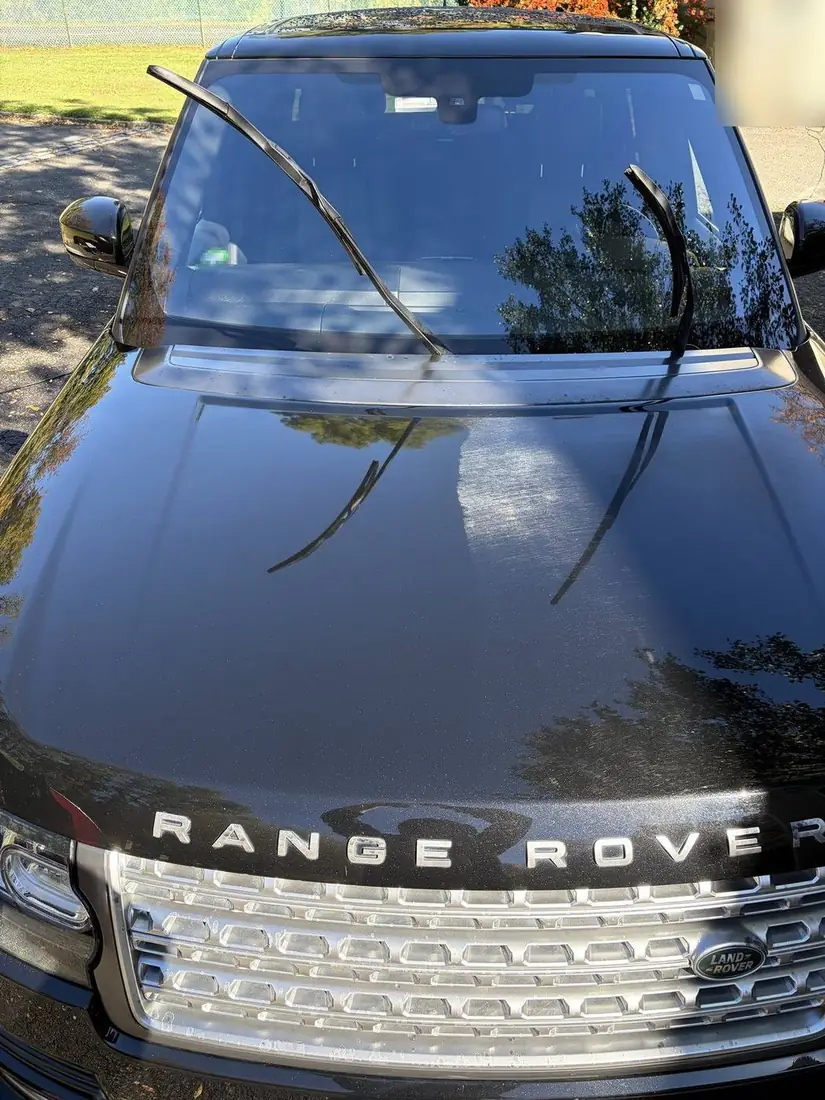 Black Range Rover hood reflecting trees during paint correction
